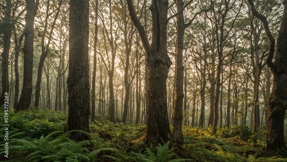 Fototapeta premium A forest scene with sunlight filtering through trees and lush green ferns on the ground.
