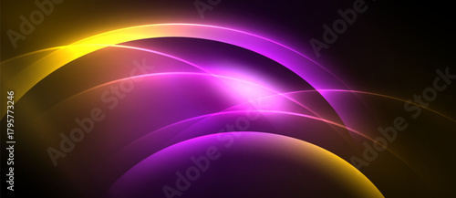 Abstract design features vibrant curves, glowing light. Purple, yellow hues dominate dark background. Dynamic energy radiates from central point.