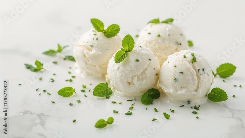Scoops of vanilla ice cream garnished with fresh mint leaves and sprinkled with herbs on a white surface.