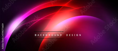 Abstract neon lines create vibrant curves, gradients. Dark background emphasizes glowing red, purple hues. Modern design element.