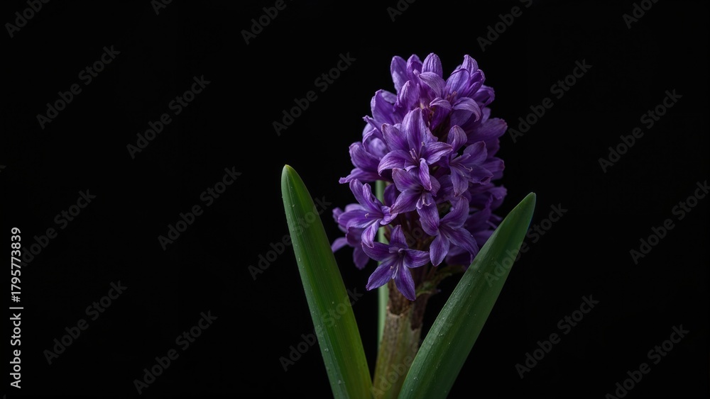 Fototapeta premium Purple hyacinth flower with green leaves against a black background.