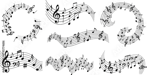 Vector Illustration of Dynamic Flowing Musical Notes and Staves Design Elements Set for Creative Projects