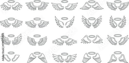 Vector Illustration of Diverse Pixel Art Angel Wings and Halos Collection for Game Development & Fantasy Designs