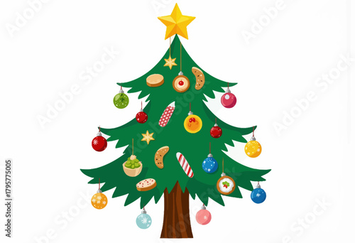 Whimsical Christmas Tree Decorated with Bright Ornaments, Sweets, Cookies, and a Shining Star Topper Captivating Holiday Spirit on White Background