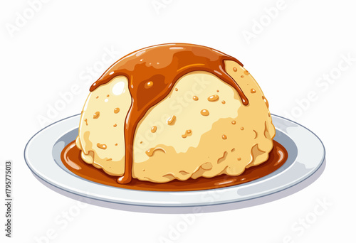 Delicious Caramel-Drizzled Dumpling on White Plate Evoking Sweet Dessert Culinary Charm and Tempting Dessert Indulgence