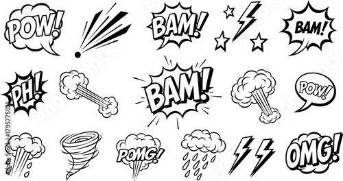 Vector Illustration of Comic Book Speech Bubbles, Sound Effects, and Weather Icons Set. Retro Pop Art Style Graphic Elements