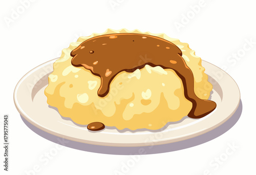 Illustration of fluffy mashed potatoes topped with rich brown gravy on a white plate, highlighting its creamy and savory appeal in a simple yet elegant presentation