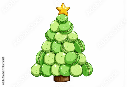 Festive Holiday Macaron Tree Featuring Delicious Green Dessert Confections Stacked in a Charming Christmas Tree Shape with a Star Topper