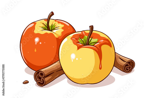 Illustration of Shiny Red and Yellow Apples with Cinnamon Sticks Showcasing Freshness and Deliciousness in a Simple, Minimalist Style