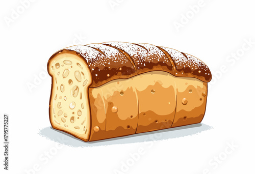 Illustration of a sliced loaf of bread showcasing a soft, fluffy texture with a golden crust and a dusting of powdered sugar on top
