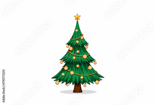 Illustrated Festive Christmas Tree Decorated with Golden Ornaments and Star Top on White Background