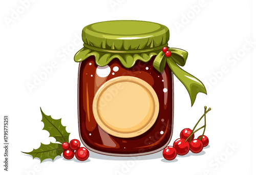 Illustration of a decorative jar filled with homemade jam, adorned with a green lid and bow, surrounded by holly leaves and berries, conveying a festive theme.