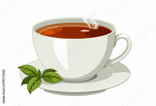 Illustration of a Steaming Cup of Tea with Fresh Mint Leaves on a White Saucer Perfectly Capturing a Sense of Warmth and Refreshment