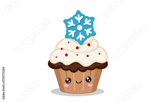 Adorable cartoon cupcake with creamy frosting topped by a whimsical blue snowflake decoration, accented with cute blushing cheeks and cheerful expression