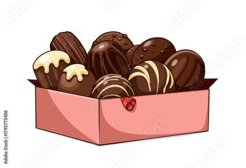 Assorted Chocolate Truffles in a Pink Box Featuring Decadent Flavors and Varied Textures, Including Dark, Milk, and White Chocolate Coatings with Textured Designs