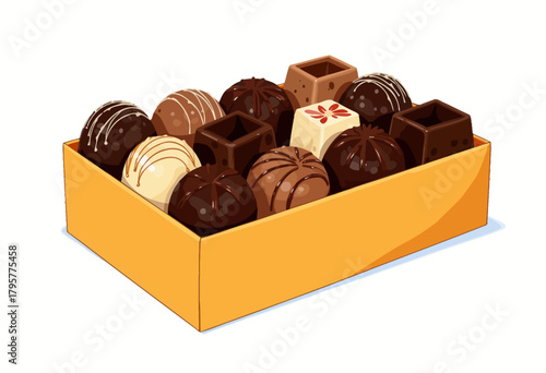 A delectable assortment of gourmet chocolates arranged in an elegant golden box, featuring an array of dark, milk, and white chocolate truffles and shapes