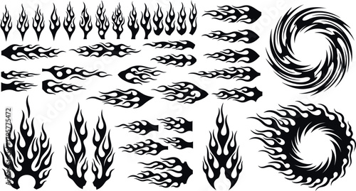 "Vector Illustration of Grungy Fire Flames, Smoke Bursts, and Dynamic Energy Elements Collection"