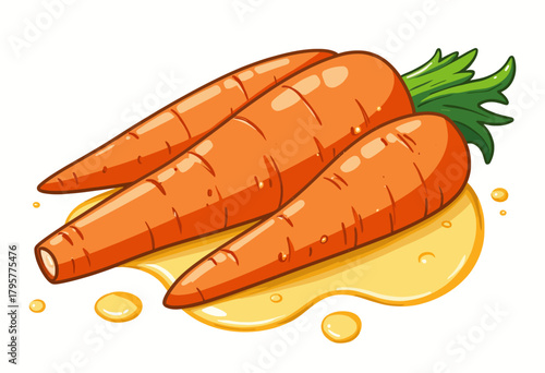 Vibrant Illustration of Fresh Juicy Carrots with Leafy Greens Resting on Glossy Golden Liquid Background