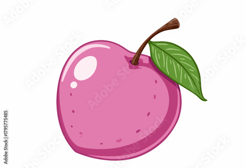 Illustration of a Vibrant Pink Plum with a Leaf and Stem on a White Background, Highlighting its Glossy Surface and Textured Skin