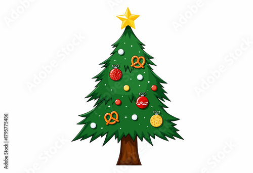 Vibrant illustration of a beautifully decorated Christmas tree adorned with festive ornaments, pretzels, and a glowing star topping, set against a white background
