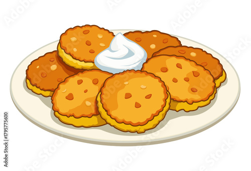 Illustrated Plate of Golden Brown Fried Potato Pancakes with Creamy Topping Served on a White Dish