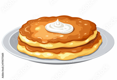 Illustration of a stack of fluffy golden pancakes with a dollop of creamy butter on a white plate, capturing a delicious breakfast scene in detailed vector style