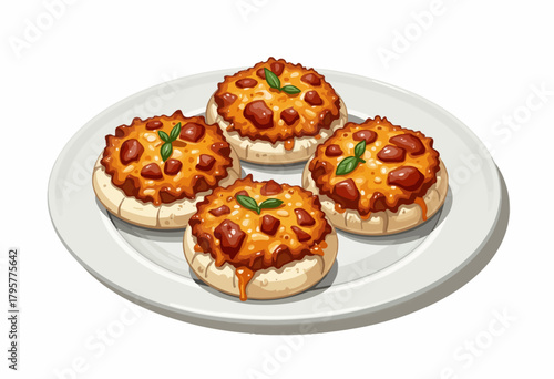 Illustration of Four Savory Pizza Muffins with Cheese and Tomato Toppings on a White Plate, Highlighting Delicious Bites in a Vibrant Culinary Presentation