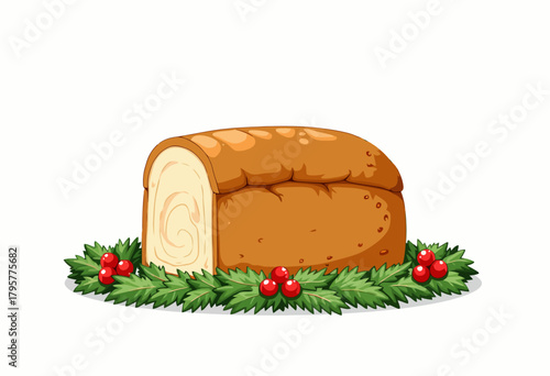 Illustration of a Festive Swiss Roll Cake Surrounded by Evergreen Foliage and Red Berries on a White Background