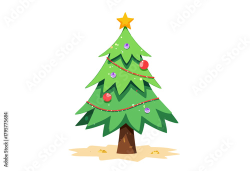 Illustration of a festive Christmas tree adorned with a golden star, red baubles, purple decorations, and a simple red ribbon on a light background.
