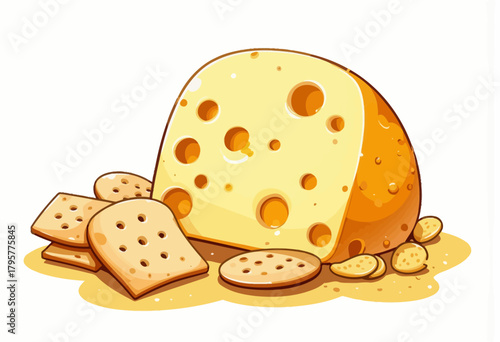 Illustration of a large block of Swiss cheese surrounded by assorted crackers and crumbs on a white background depicting a delicious snack spread