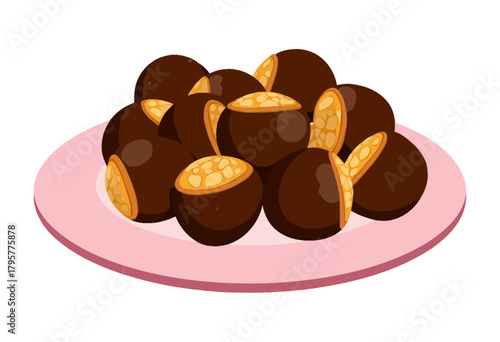 Delicious Chocolate Confectionery Balls with Nutty Filling on a Pink Plate Offering a Sweet Indulgence for Dessert Lovers