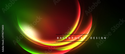 Abstract vibrant design features flowing curves. Red, yellow, green hues blend against dark backdrop. Modern aesthetic, dynamic composition.