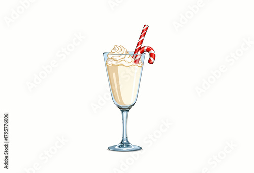 Elegant glass filled with creamy vanilla milkshake adorned with whipped cream and festive striped candy cane, set against a crisp white background
