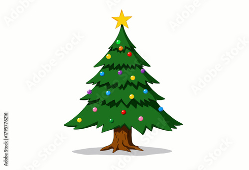 Festive Evergreen Christmas Tree Decorated with Colorful Baubles and a Shining Star on Top Standing on a Bright Background