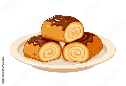 Deliciously Illustrated Cinnamon Rolls Adorned with Rich Chocolate Drizzle on a Ceramic Plate, Perfect for a Sweet Breakfast or Decadent Dessert Treat