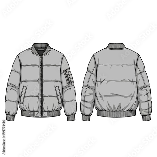 Front and back view of a grey puffer bomber jacket
