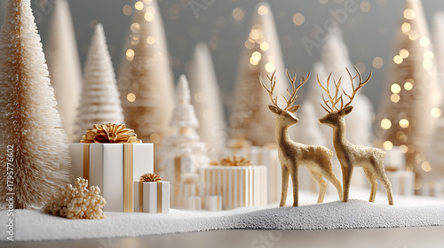 3D Merry Christmas and New Year scene with golden deer standing beside snow-covered trees and wrapped gifts on soft snow drifts, elegant festive glow, isolated on white background