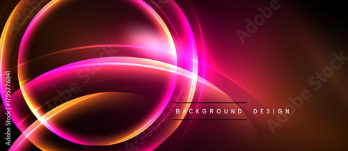 Abstract neon circles, vibrant pinks, oranges, reds. Dark background creates glowing effect. Modern design element.