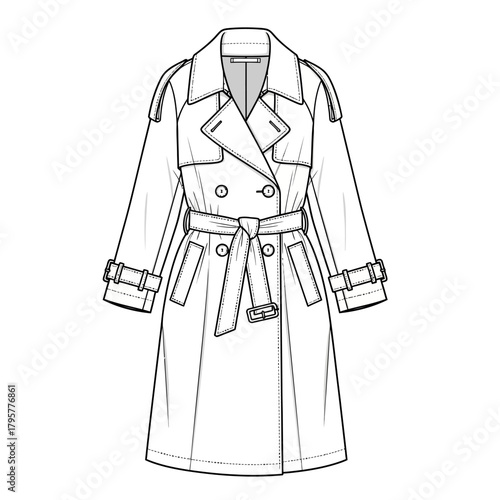 Detailed illustration of a classic doublebreasted trench coat with a belted waist and epaulets, isolated on a