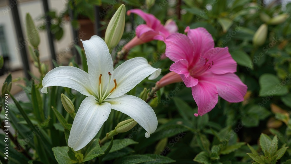 Fototapeta premium White and pink lilies in a garden setting.