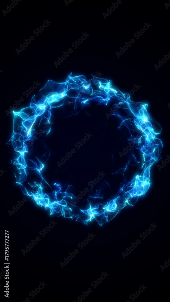Obraz premium Bright blue energy vortex forming a glowing circular ring of swirling digital flames. Abstract high-energy flow with neon motion details on a deep dark background.