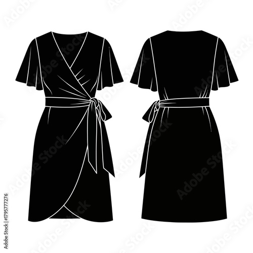 Front and back view of a black wrap dress with short flutter sleeves and a tie belt