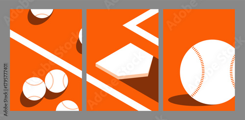 Modern Baseball Illustration. Bold Orange and White Design Featuring Balls, Bases, and Geometric Lines Representing the Energy, Motion, and Strategy of America’s Favorite Sport in a Minimal Graphic 