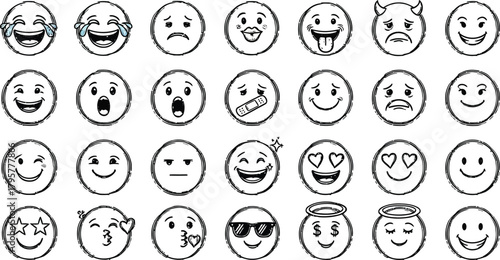 Collection of hand drawn oval faces expressing various emotions and feelings