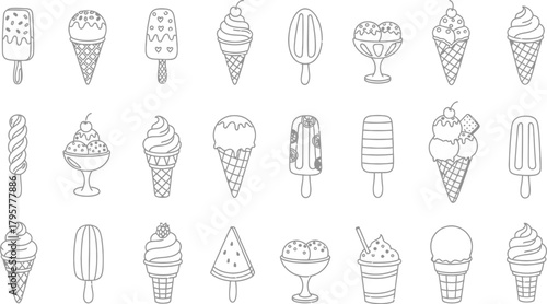 Collection of hand drawn outline ice cream cones and popsicles on white background