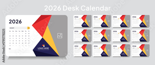 Trendy desk calendar 2026 template, corporate desk calendar schedule 2026 monthly 12-page planner layout, editable vector eps 10 file format