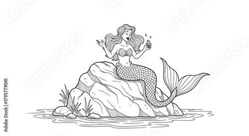 Mermaid holding bottle on rock water fantasy