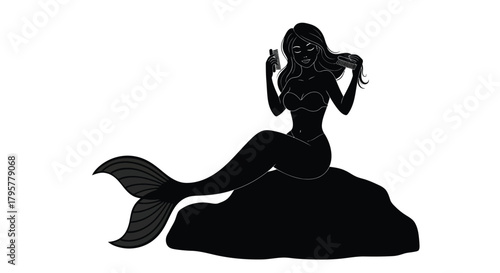 Mermaid combing long hair on rock vector