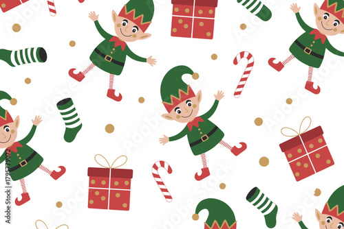 Cute Christmas Elf Seamless Pattern – Holiday Gifts, Socks, and Candy Canes Design.