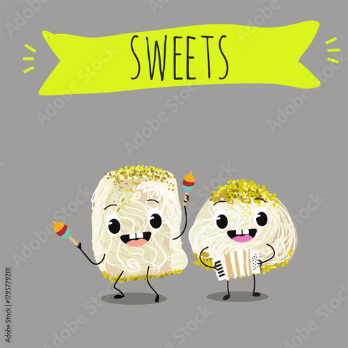 Funny Characters Turkish Halva confection, cubes with pistachio nut, layered chocolate tahini oriental dessert, hand drawn vector illustration.